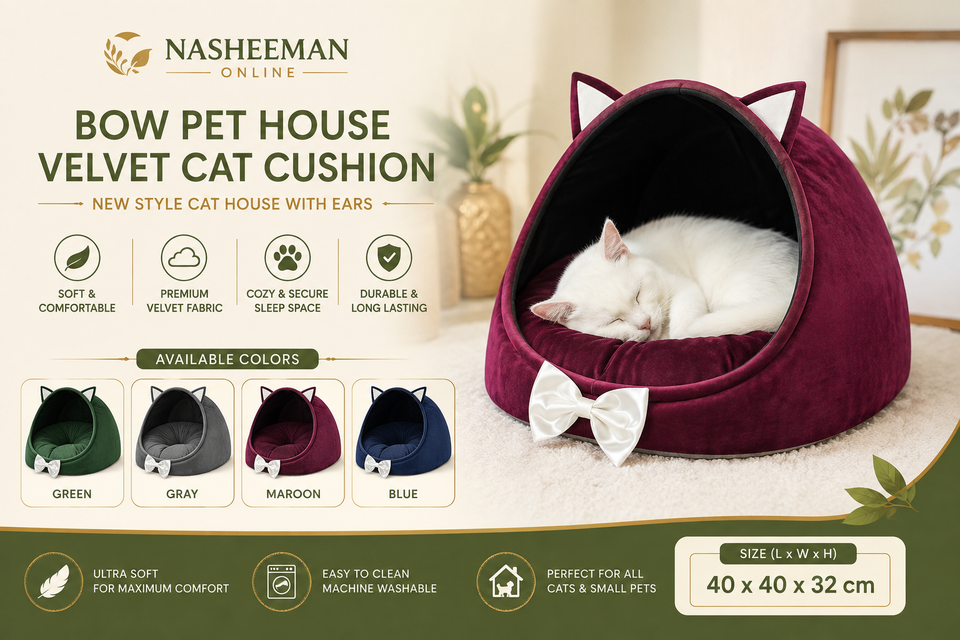 Bow Velvet Cat House Bed with Ears | Soft Plush Pet Cave Bed for Cats & Small Pets | Cozy Indoor Sleeping Cushion