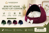 Bow Velvet Cat House Bed with Ears | Soft Plush Pet Cave Bed for Cats & Small Pets | Cozy Indoor Sleeping Cushion