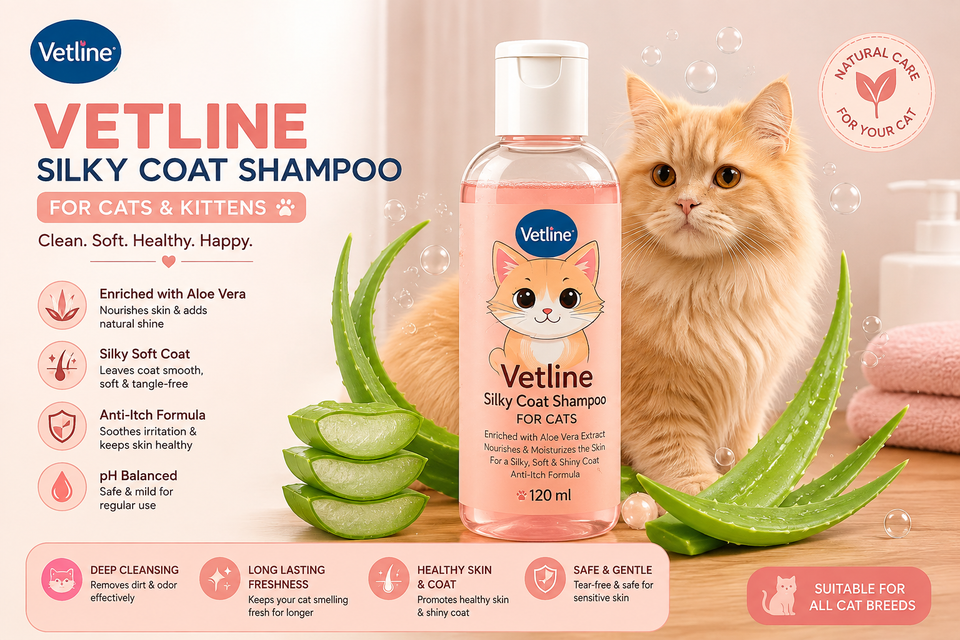 Vetline Silky Coat Cat Shampoo 120ml – Aloe Vera Anti-Itch Formula for Cats & Kittens