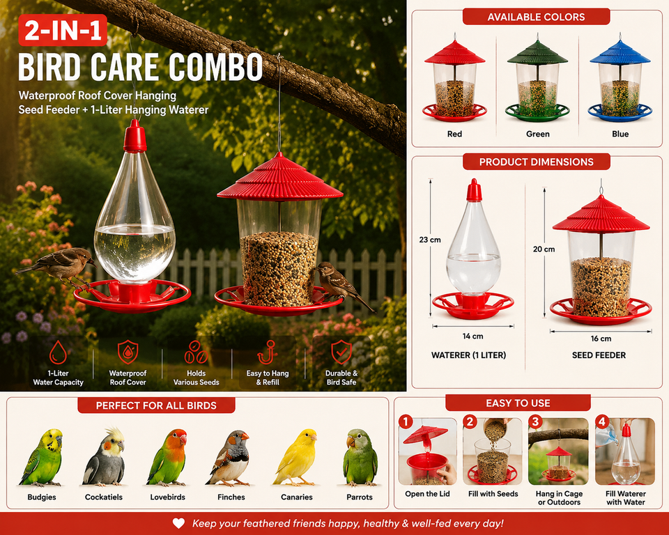 2-in-1 Outdoor Bird Care Combo – Hanging Seed Feeder & 1-Liter Water Dispenser