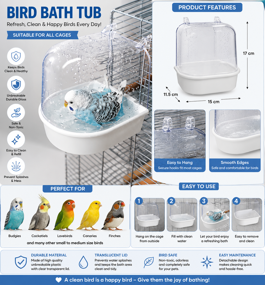 Transparent Bird Bath Tub for Cage Birds