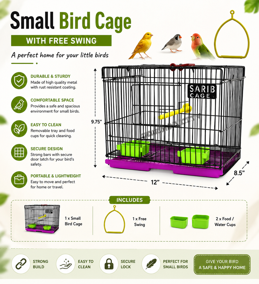 Small Bird Cage with Free Swing – Complete Cage Set for Finches, Budgies & Small Birds
