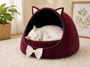 Bow Velvet Cat House Bed with Ears | Soft Plush Pet Cave Bed for Cats & Small Pets | Cozy Indoor Sleeping Cushion