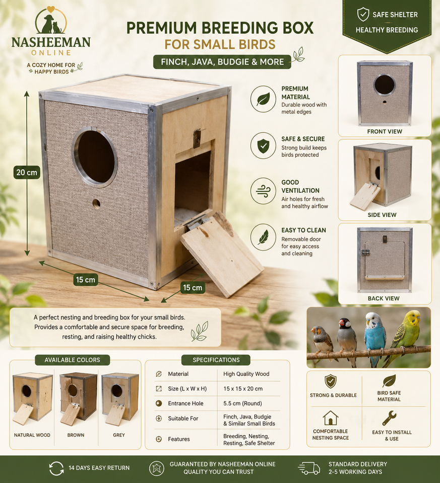 Wooden Bird Breeding Box & Nesting House for Finches, Java & Budgies